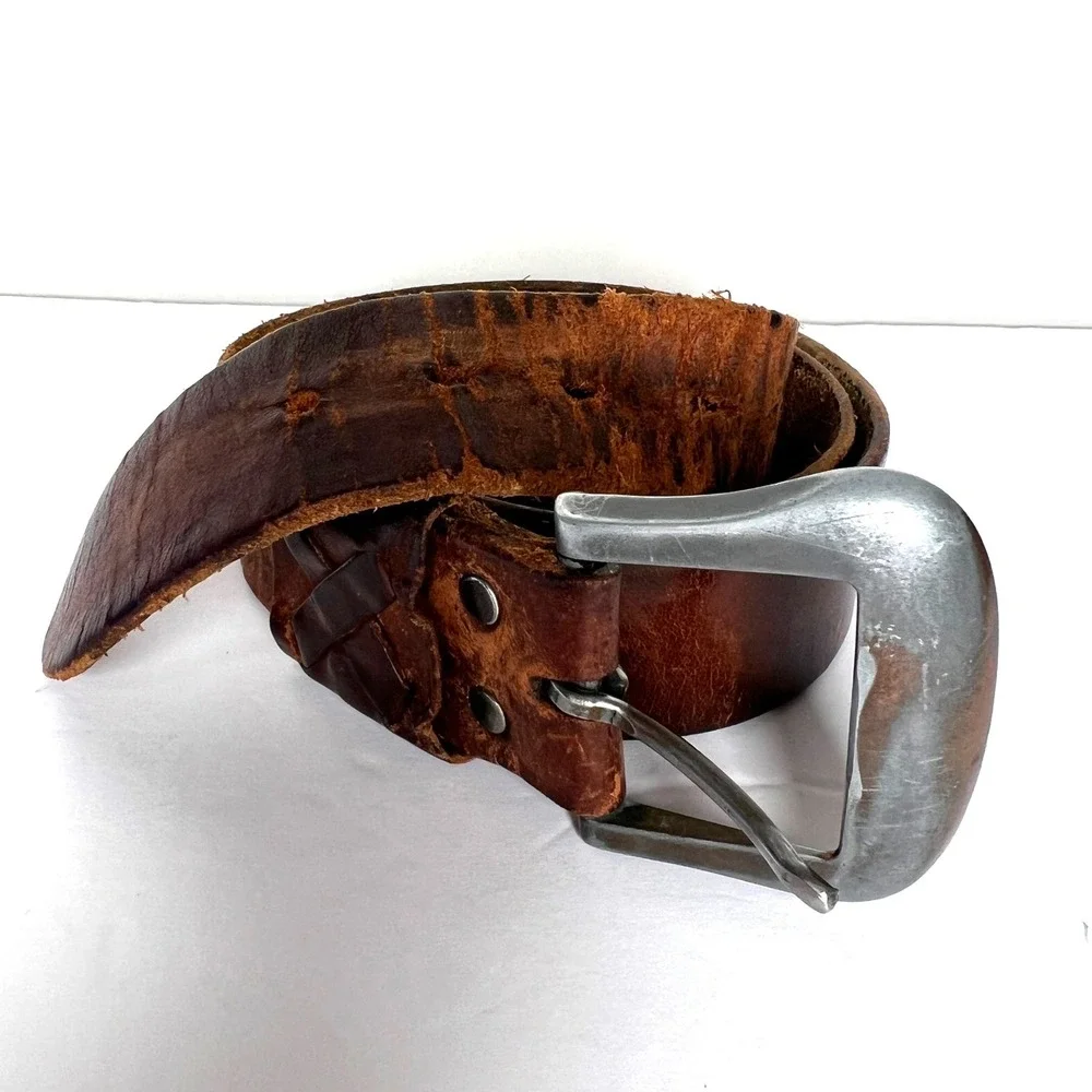 Mens Leather Belt Distressed Brown Silver Buckle Western Cowboy Style Size‎ 36